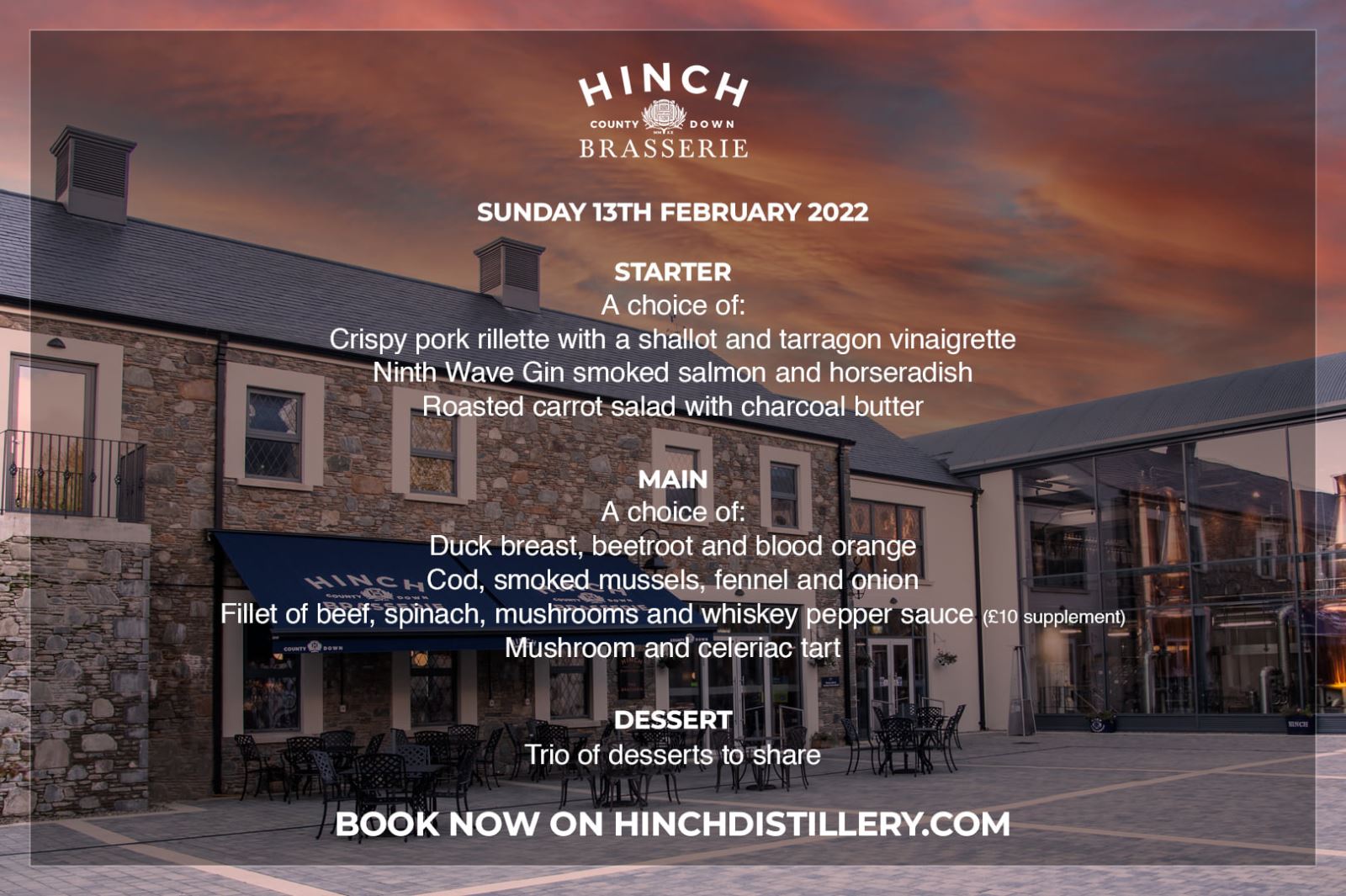 Hinch Distillery in the background of a menu for Valentine's