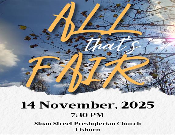 Image shows poster in yellow and white writing with image of sky and the sun shining through the trees, advertising All that's Fair local Concert in L