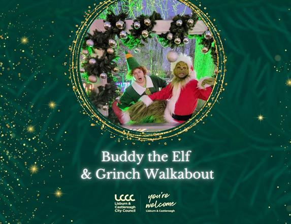 Image is Buddy the Elf and The Grinch Christmas characters