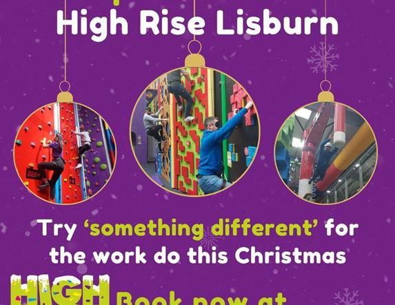 Image shows purple poster with images of people on climbing wall.  Also written text in green and white advertising for something different to do at C
