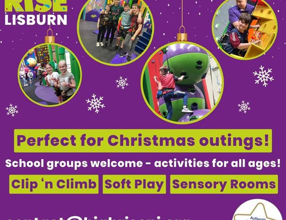 Image shows a purple poster with images of climbing walls and activities in High Rise promoting clip 'n Climb, Soft Play and Sensory Rooms. The writte