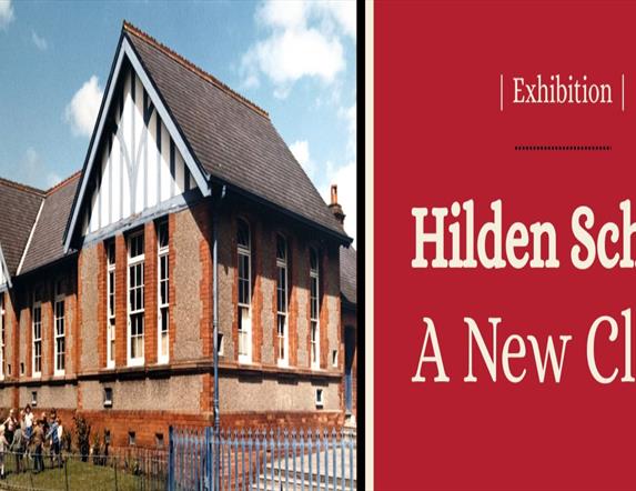 Image shows Hilden School building with school children and teacher outside.