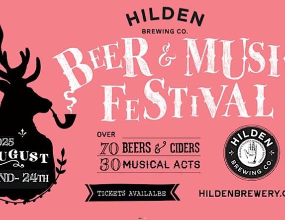 Hilden Beer and Music Festival Poster on pink background with Stag.