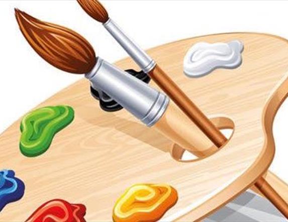 Image is of an artists palate with paintbrushes and various colours of paint