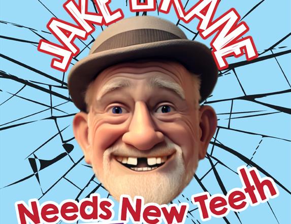 Image shows blue picture of man with hat and no front teeth with written text in white and red advertising Jake O'Kane Needs New Teeth Tour