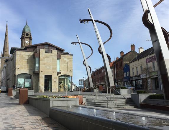 Market square Lisburn with a view of the Irish Linen Centre