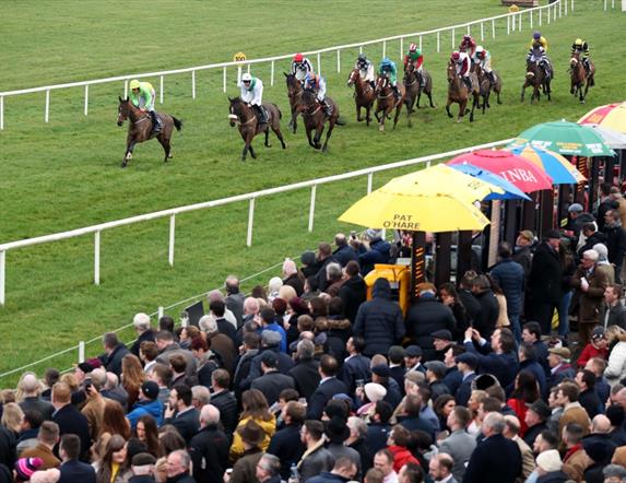 Horses racing with spectators in the background