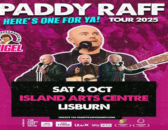 Image is poster of comedian Paddy Raff with microphone and guitar