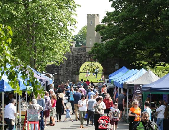Visitors at stalls, Hillsborough Fort in the background and trees.