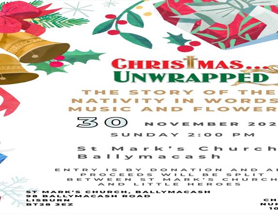 Image is of colourful poster featuring Christmas presents and bells at St. Mark's Church Lisburn Christmas Event