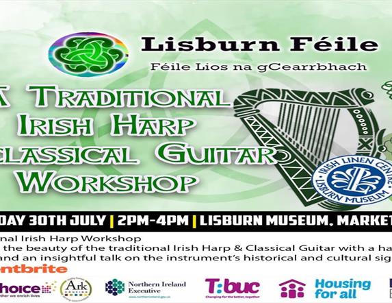 Image is poster advertising a traditional Irish harp and classical guitar workshop in the Irish Linen Centre
