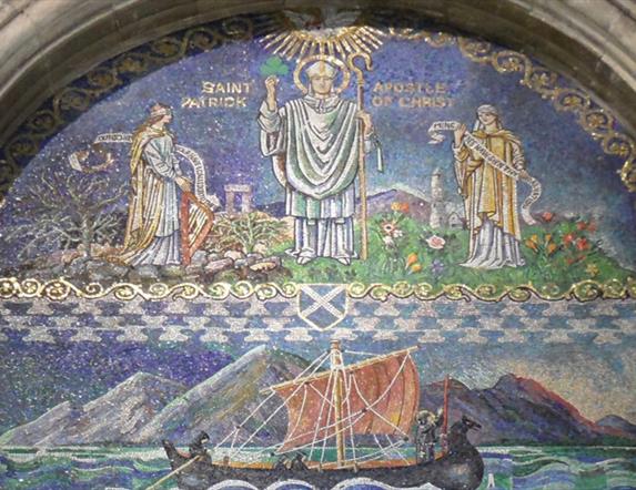 Image is of St. Patrick in a church setting