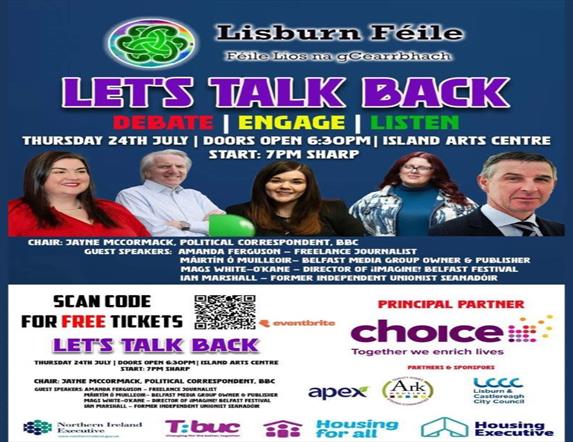 Image is poster re radio talk show Let's Talk Back as part of Lisburn Feile