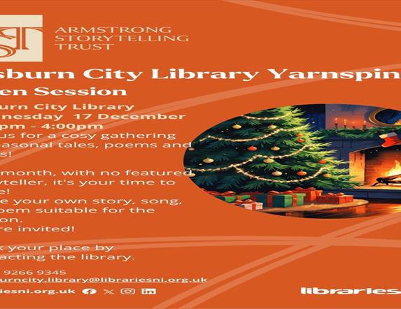 Image is poster advertising the Lisburn City Library Yarnspinners event