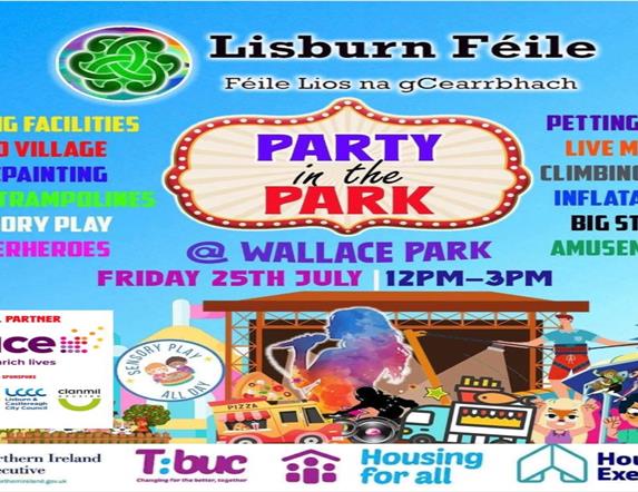 Image is poster of Party in the Park Lisburn Feile event in Wallace Park