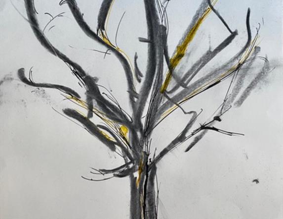 Image is of a painting of a tree by Lisburn artist Rachel Gomme