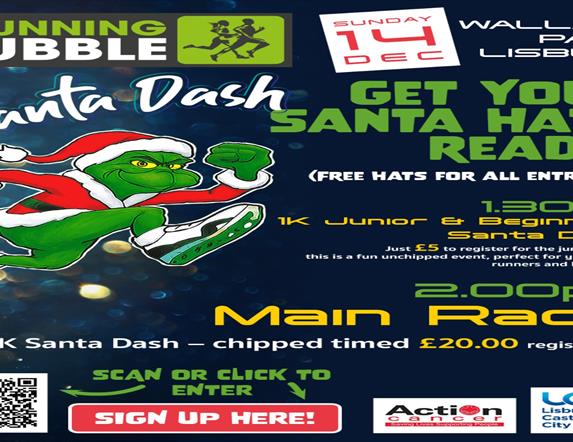 Image is of The Grinch at The Santa Dash in Wallace Park Lisburn