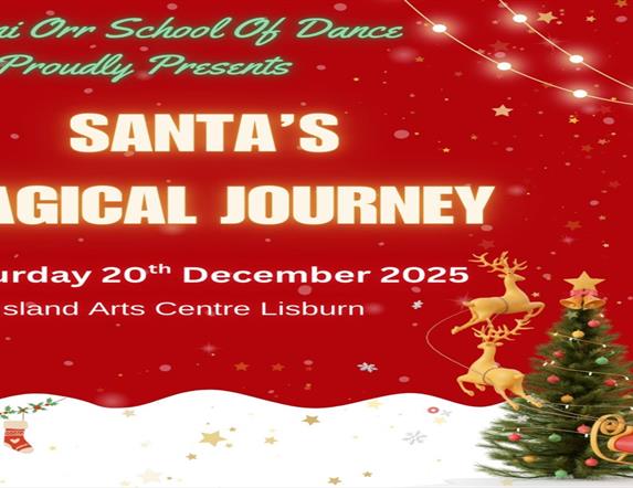 Image is of a winter scene with a Christmas tree and Santa sleigh ride