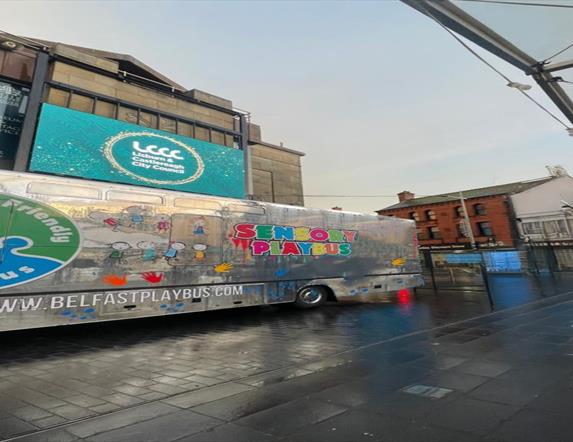 Image is of a sensory play bus in Lisburn city centre