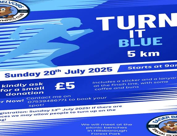 Image is of poster advertising Turn It Blue 5k run in Hillsborough Forest Park