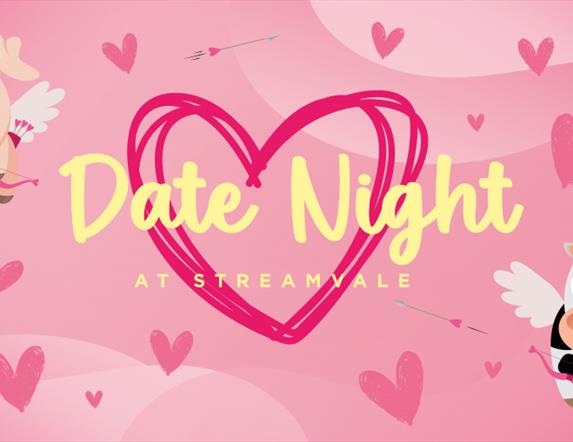 Image is cartoon poster showing a pig and a cow re Date Night at Streamvale Farm