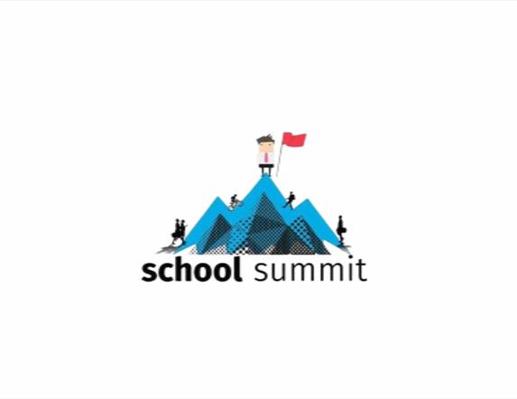Image shows blue peak with man on top holding a red flag with written text below reading 'School Summit'
