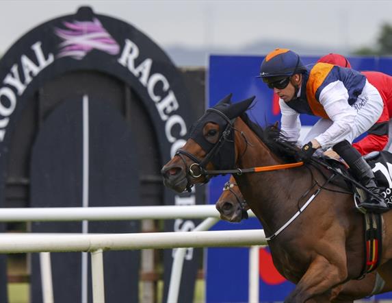 Sign for Down Royal Racetrack with jockey on horse