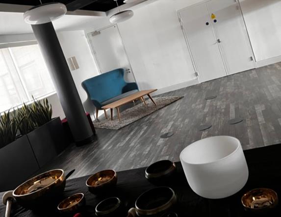 image of room with table laid with food.