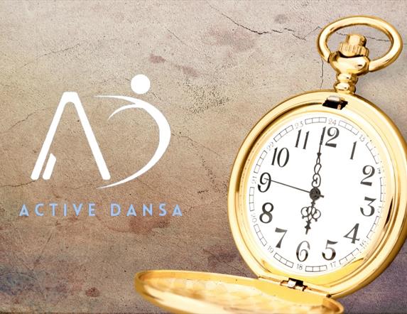 Image of a gold pocket watch and with the words Active Dansa