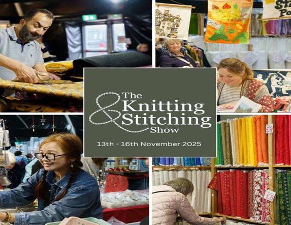Image is a collage of images from The Knitting and Stitching Show