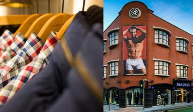 Split image shows close up of rack of shirts and jackets plus image of front of shop with advertising billboard