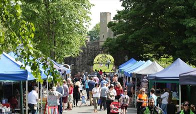 Image shows Food stalls with visitors in front of the Royal Hillsborough Fort and Trees in background.