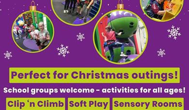 Image shows a purple poster with images of climbing walls and activities in High Rise promoting clip 'n Climb, Soft Play and Sensory Rooms. The writte