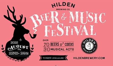 Hilden Beer and Music Festival Poster on pink background with Stag.