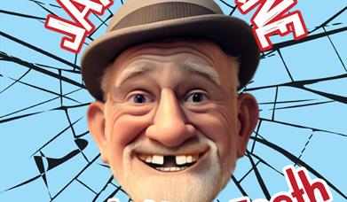 Image shows blue picture of man with hat and no front teeth with written text in white and red advertising Jake O'Kane Needs New Teeth Tour