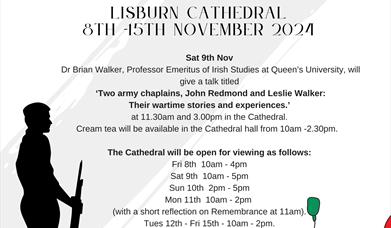 Image shows poster in black white and red with written text advertising Lest We forget Exhibition and red coloured poppies illustrated on bottom right