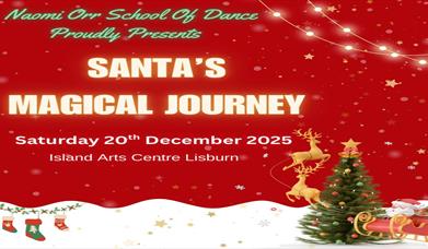 Image is of a winter scene with a Christmas tree and Santa sleigh ride