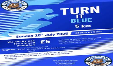 Image is of poster advertising Turn It Blue 5k run in Hillsborough Forest Park