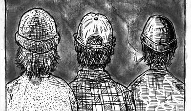 The back view of 3 men wearing baseball hats