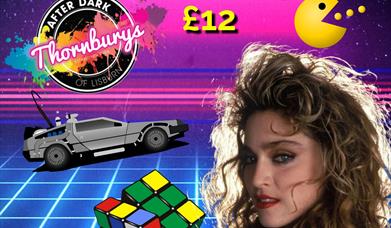 Image features pop star Madonna and other 80's images such as De Lorean car and the Rubiks Cube