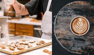 Image on left shows pastry being made in Daily Apron and being sprinkled with icing sugar. Right hand image shows Daily Apron Logo & stamp.