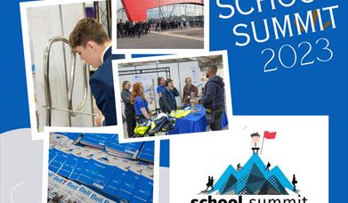 School Summit 23 promotional collage with logo and picture of school children outside Eikon Centre