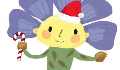 Image shows flaxie bud from Lisburn museum with blue petals and red Santa hat holding a red and white stripped candy cane