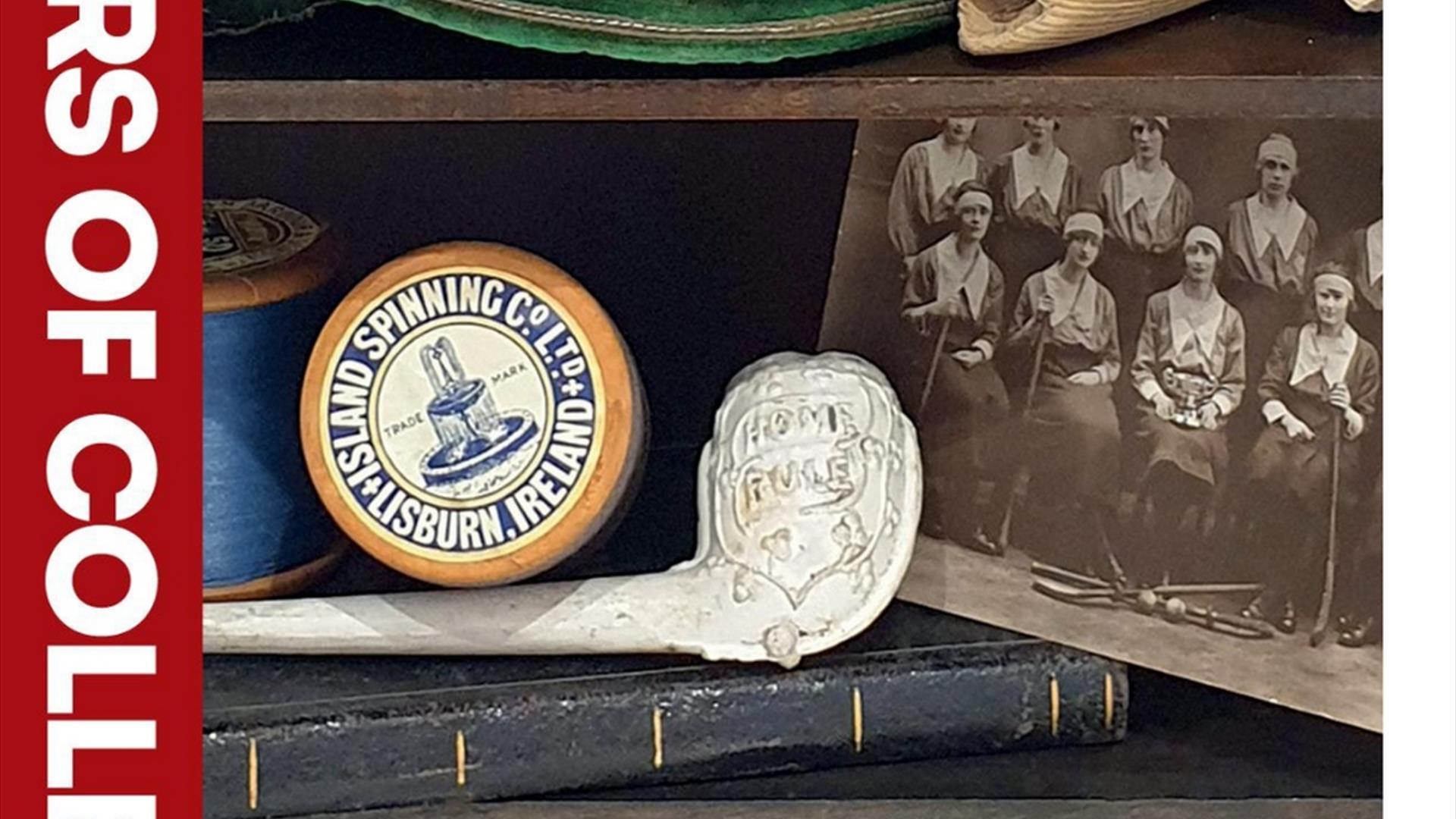 Image shows items in the exhibition including a sepia photograph of a group of women