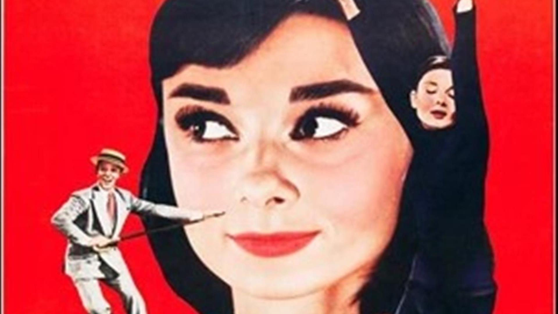 Image shows red background with picture of Audrey Hepburn and smaller images on either side