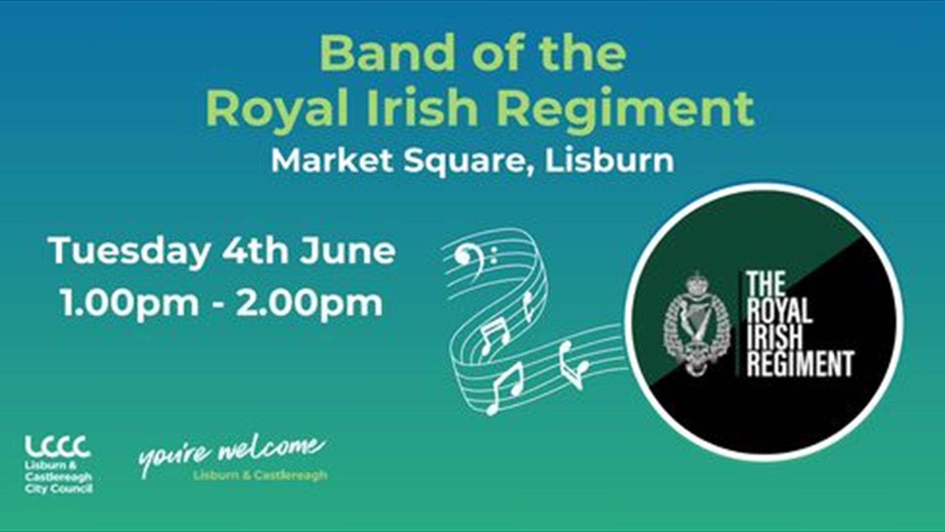 Poster for Band of the Royal Irish Regiment performance in Market Sq Lisburn
