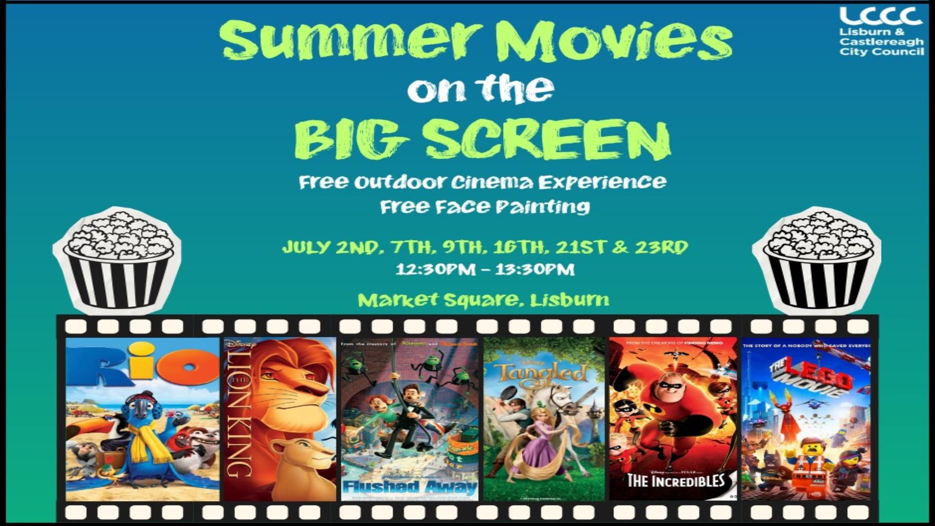 Image shows all of the Children's Movies being shown this summer on LCCC poster.