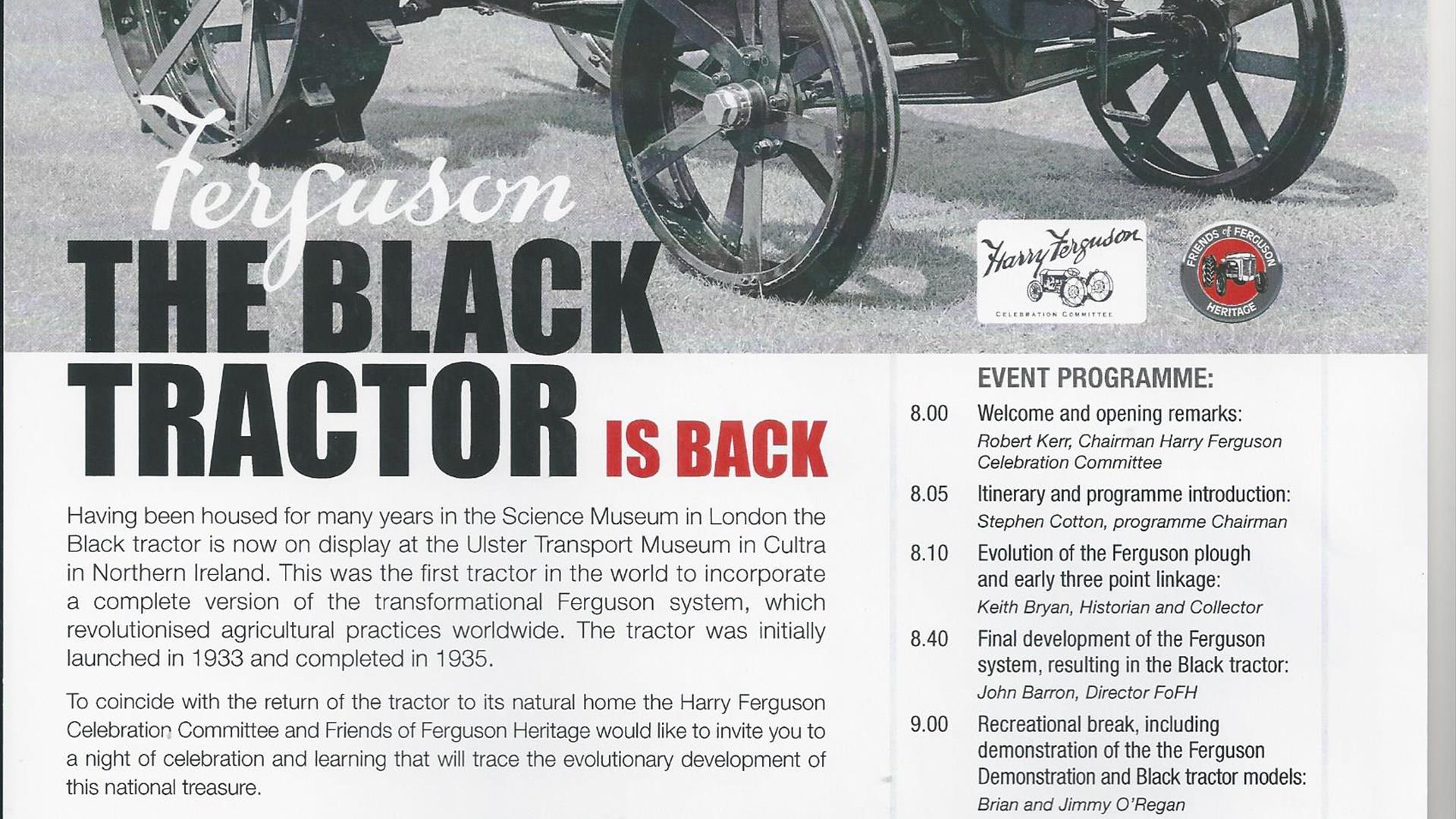 Image is of a Ferguson Black Tractor advertising the Harry Ferguson Lecture Night 2024