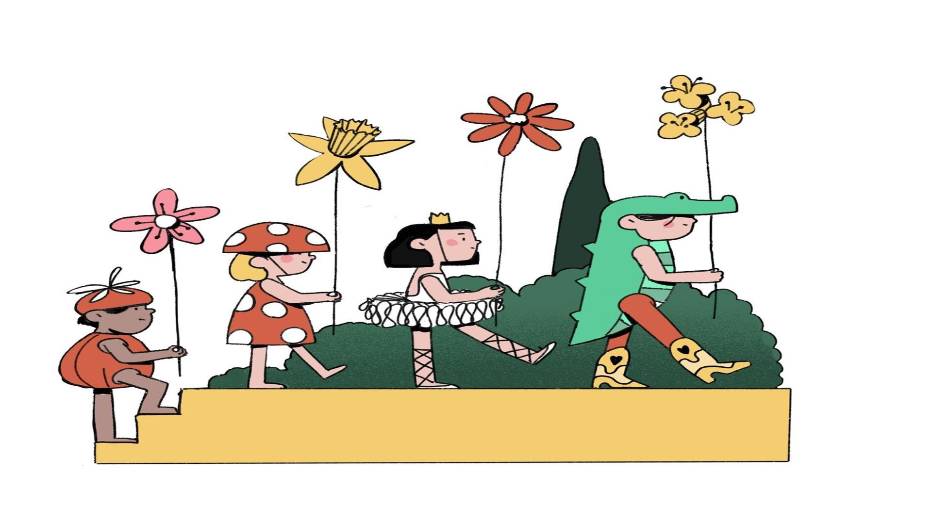 Image is of drawing of children in fancy dress costume.