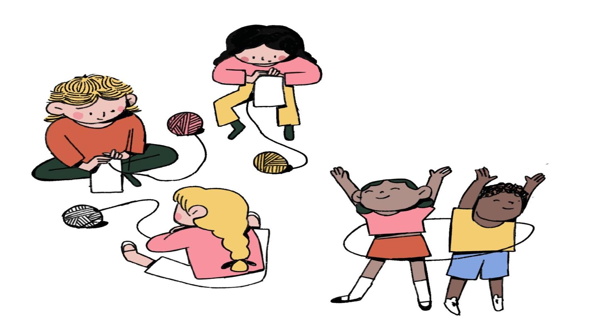 Drawing of children knitting and hula-hooping.